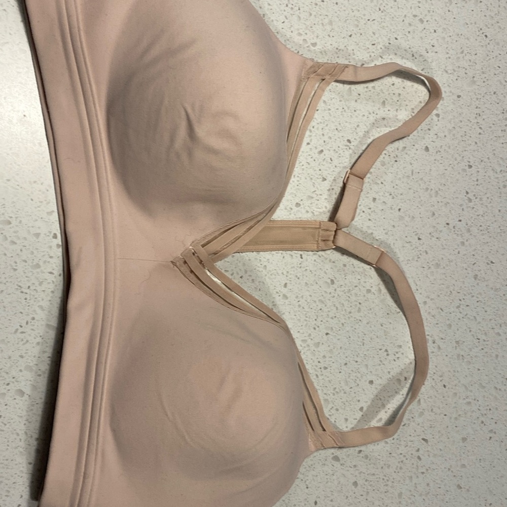 ATHLETA nude sport bra molded cups racer back v neck sheer inserts in trim M